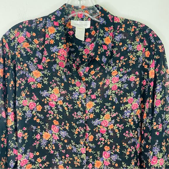 Vintage black pink orange floral chiffon button front blouse top large - Picture 2 of 6